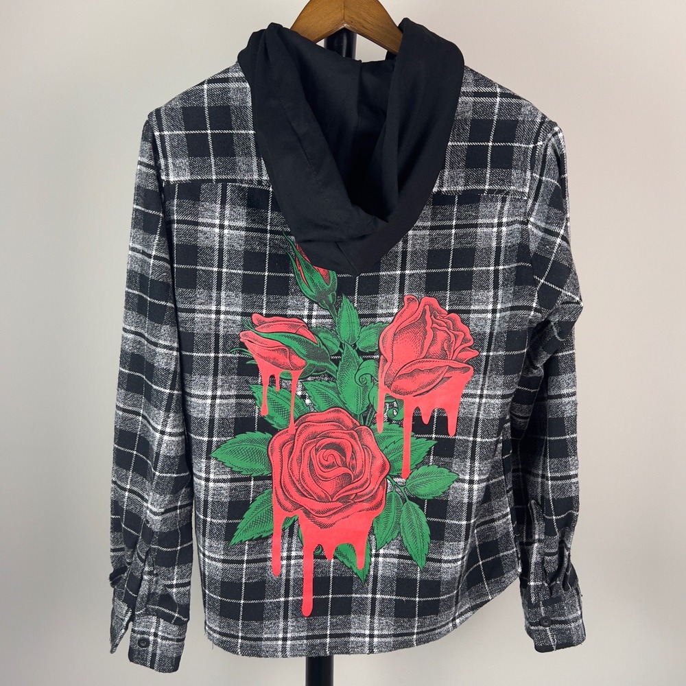 Eighty Eight Mens XL Black White Plaid Hooded Flannel Shacket Dripping Rose